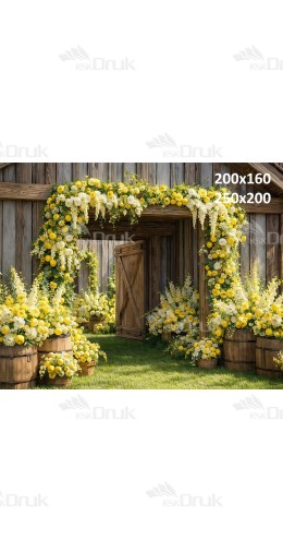 Tło fotograficzne „Rustykalna stodoła z cytrynami i kwiatami” | 3971